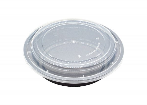 24 oz Black plastic food container with clear lid